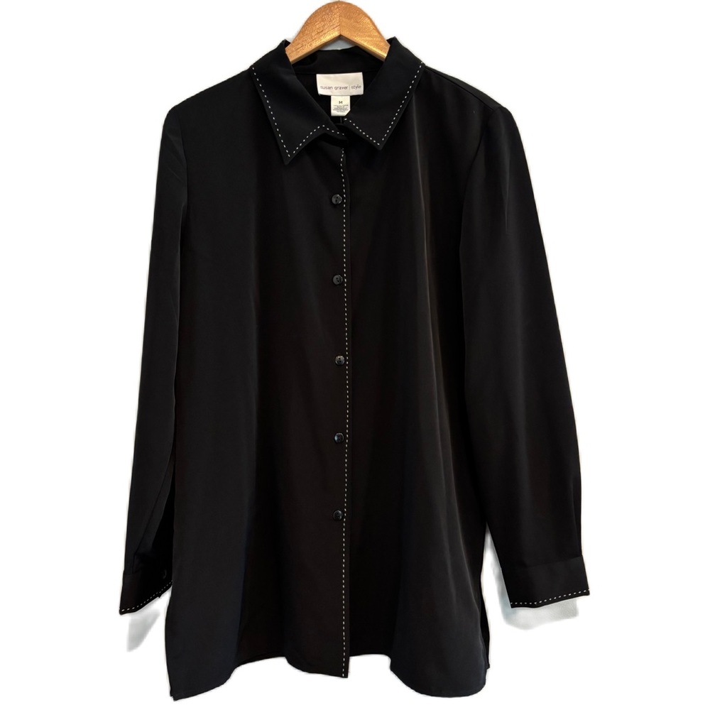 Susan Graver Black With White Stitching Detail Oversized Button Up Shirt Size M
